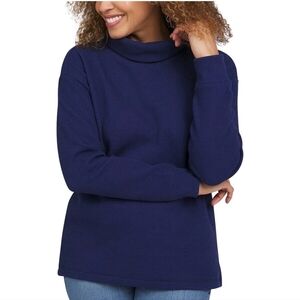 Lands End Women's Long Sleeve Waffle Funnel Neck Top Tshirt Dark Blue Size Small